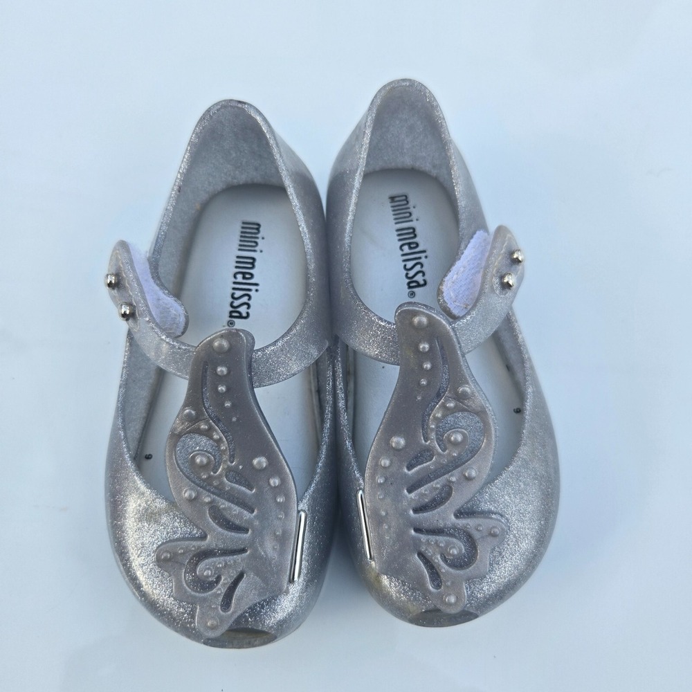 Mini Melissa Toddler Silver Gray Sparkle butterfly Bow Girls Shoes Size 6c